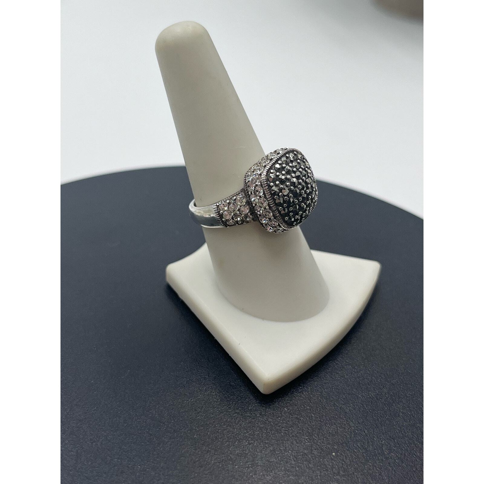 Sterling Silver Signed Ring MarcasiteCrystal Cock… - image 2