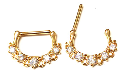 Nipple Clickers-PAIR-Fancy Prong Set Clear Gems 14 Gauge 9/16'' Gold IP 