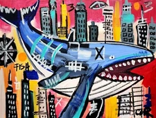 CORBELLIC EXPRESSIONISM 16X20 CITY WHALE OCEAN FINE ART HOME INTERIOR DESIGN