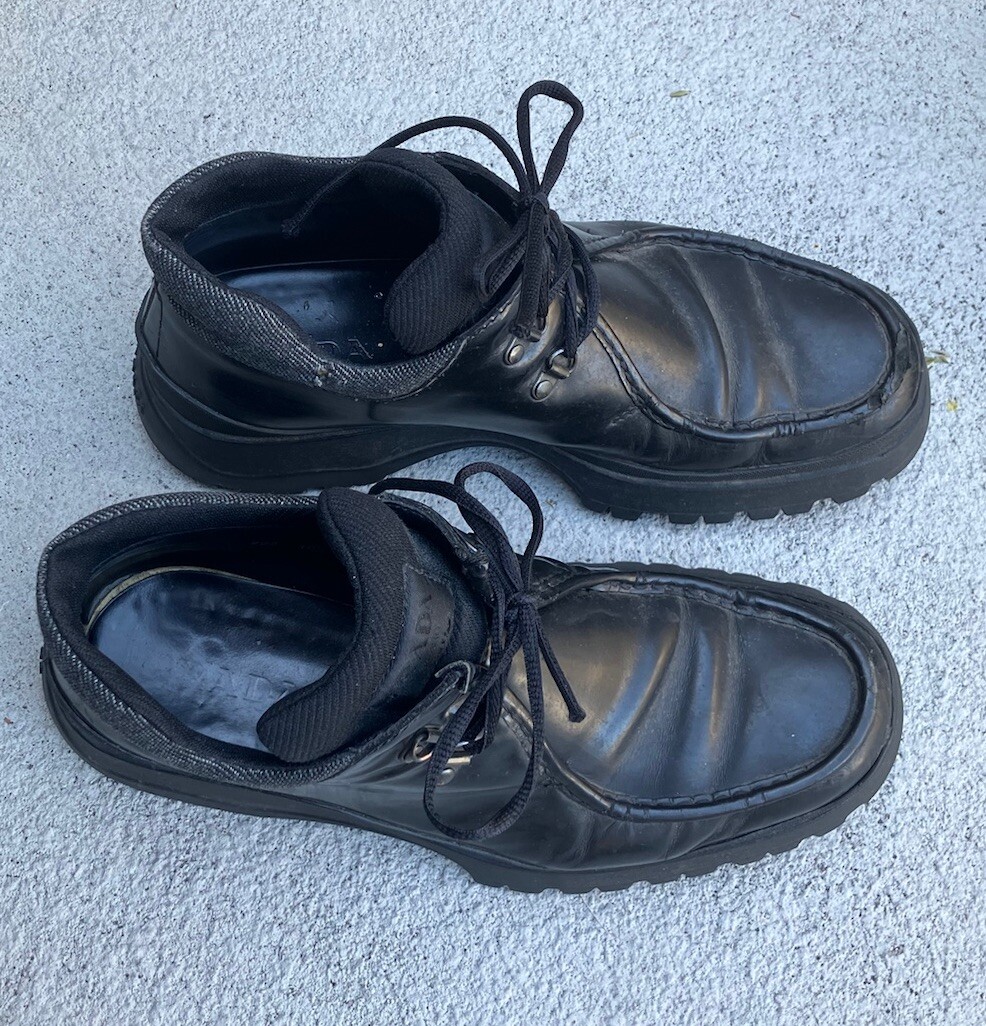 PRADA MEN'S BLACK LEATHER HIKING BOOTS TYROLEAN? BRIXXEN? 10 PRADA MEN'S BLACK LEATHER HIKING BOOTS TYROLEAN? BRIXXEN? 10