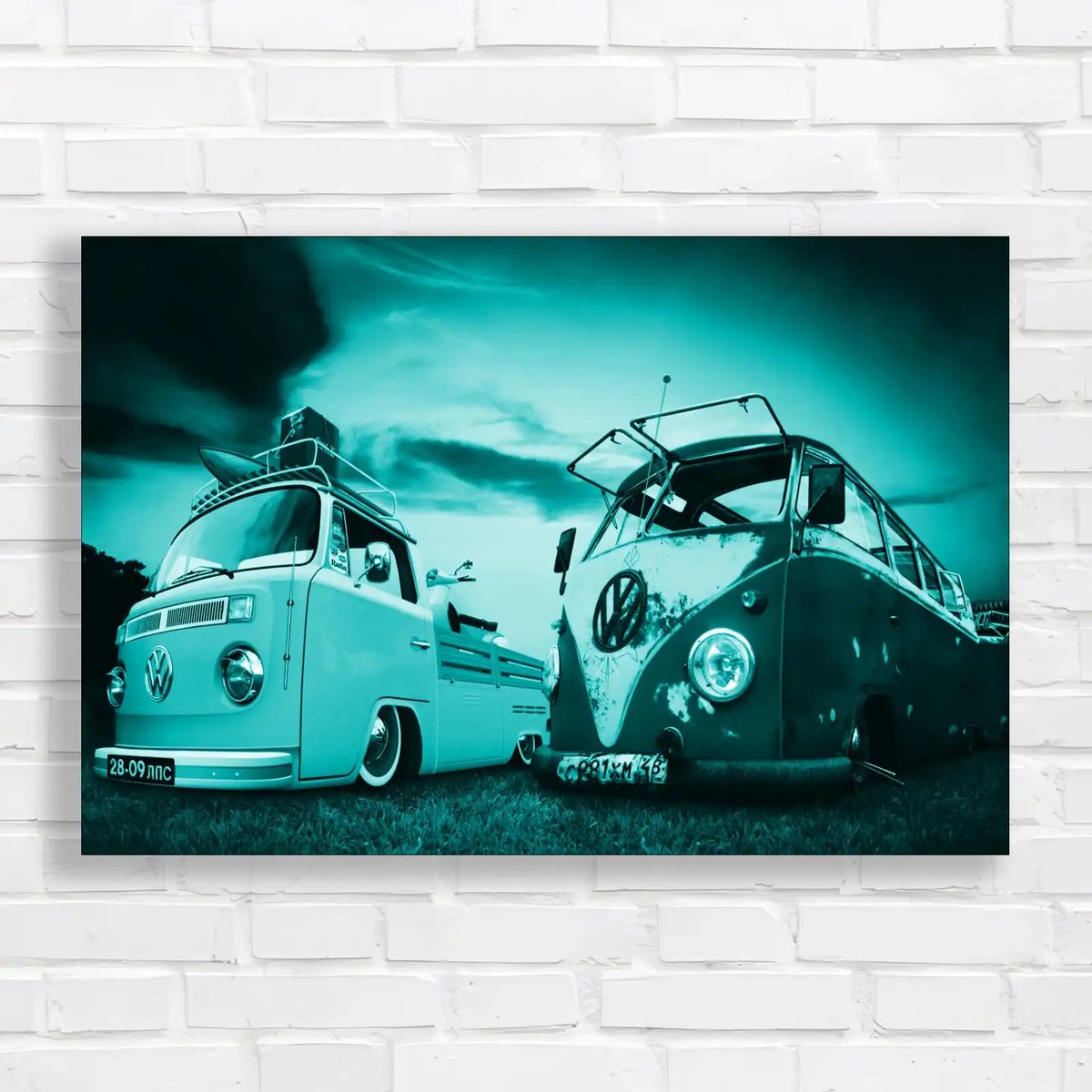 Vibrant Retro VW Camper Van Teal Canvas Print Large Picture Wall