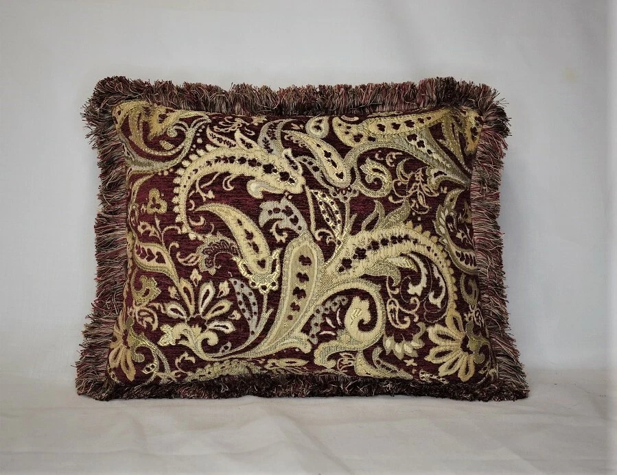 burgundy red paisley woven chenille decorative throw pillow with fringe - Image 2 of 3