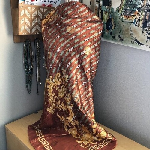 NEW Square Silk Metallic Paisley Floral Scarf - Bronze Gold Head Wrap Sarong