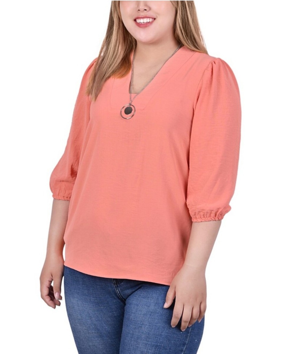 売れ筋商品|||ニューヨークコレクション カットソー トップス レディース Plus Size 3/4 Puff Sleeve Top with Detachable Necklace Black NY Collection Women's 3/4 Puff Sleeve Top with Detachable