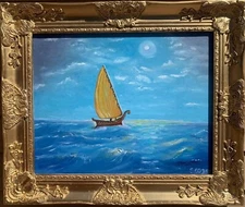 Original Oil Painting "Loneliness" by Serg Graff – Sailboat at Sea in Moonlight