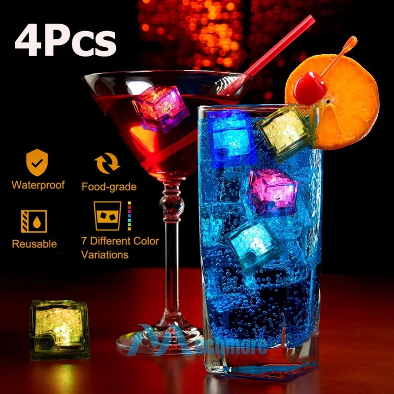4Pcs Water Sensor LED Ice Cubes Light Up Party Rave Club Wedding Glow Ice Cubes