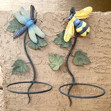 Vintage Sconce Pot Holder Dragonfly Bee Yard Art Hinged Install Bracket