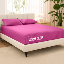 Extra Deep 40CM Stripe Fitted Sheet with Free Pair Pillow Case 3 Piece Bed Set