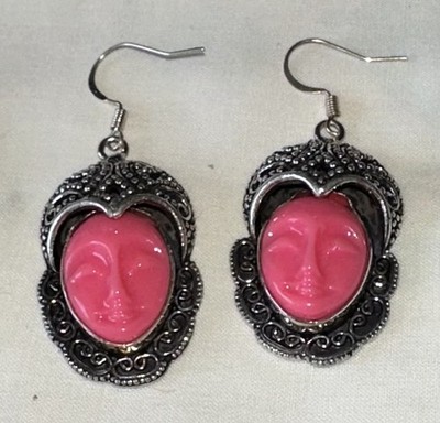 Sterling Silver filled Vintage Bali Style Carved Moonface Dangle Earrings 1.75''