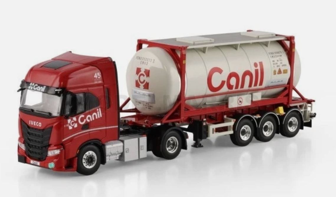 Modèle IVECO S-Way 4x2 WSI en métal avec remorque articulée et conteneur de 30 pieds