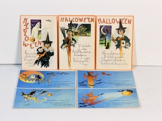 LOT OF 7: EARLY HALLOWEEN ADVERTISING EMBOSSED POSTCARDS (WITCHES)