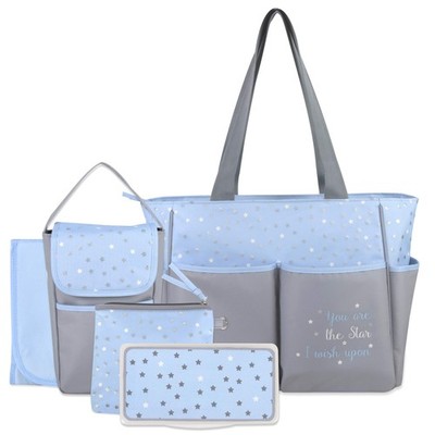 Diaper Bag Tote 5-Piece Set, Sun Moon Stars, Wipes Pocket, Dirty Diaper Pouch