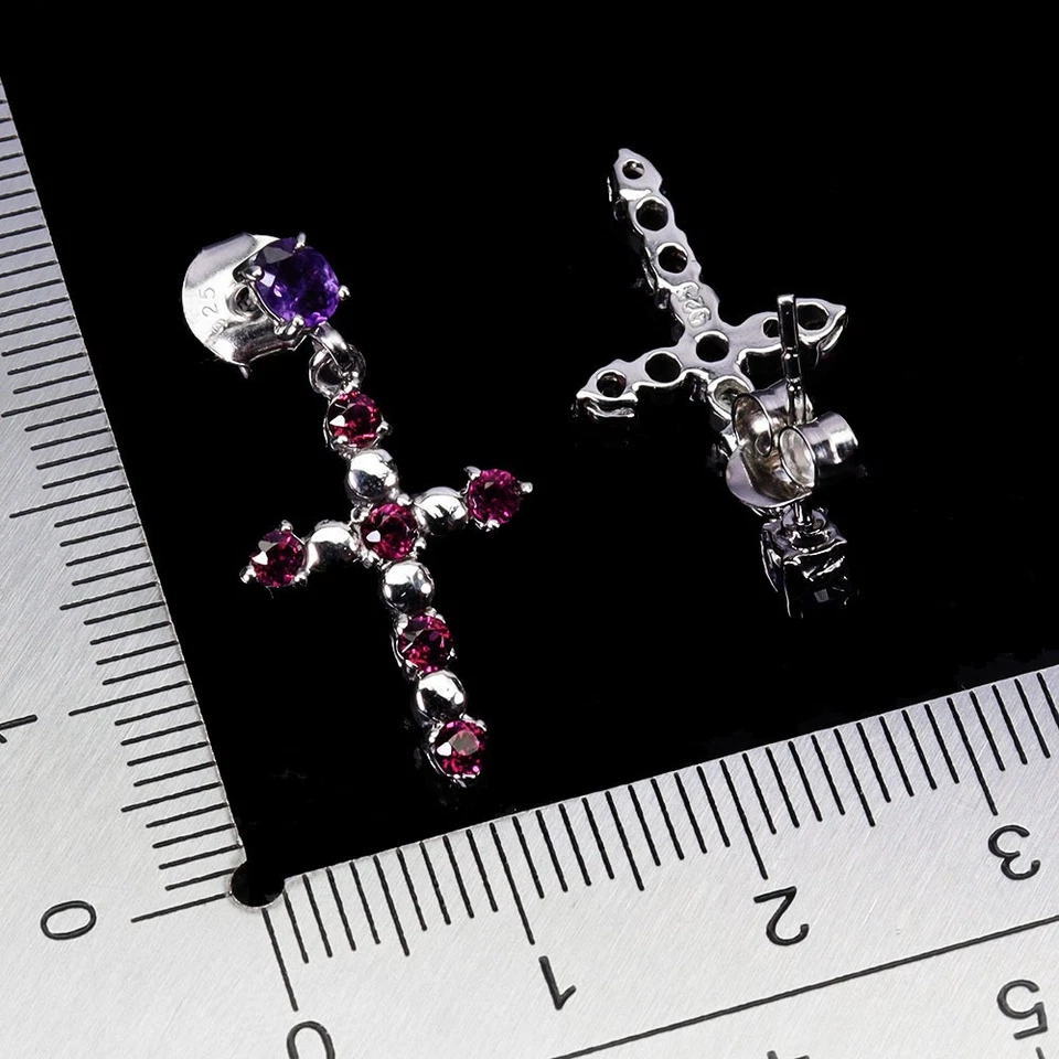 Pendientes de plata de ley 925 ovalados rodolita granate piedras preciosas naturales joyería Foto 3 de 4