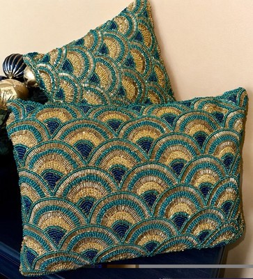 Set of 2 Teal Blue Gold Beaded Embroidered Art Deco Throw Pillows Glam Decor