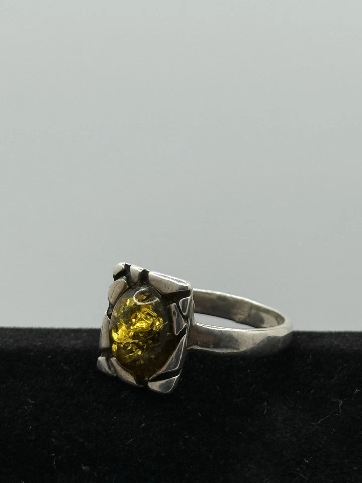 Anillo Ámbar Báltico 925 Vintage Plata de Ley Diseño Abstracto Talla 8.5 Artesanal Foto 3 de 4