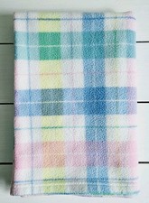 Vtg Regent Pastel Plaid Baby Blanket Pink Yellow Aqua Green Fleece Teal Blue