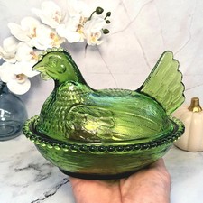 Hen on Nest Chicken, Olive Green Indiana Style Glass Candy Dish, Vintage Style