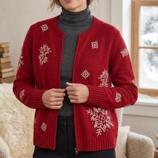 Garnet Hill Lambswool Angora Snowflake Zip Front Cardigan Sweater Cottagecore XL