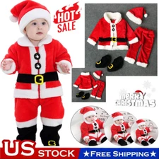 4PCS Santa Claus Costume Kids Baby Suit Christmas Party Outfit Fancy Xmas Dress