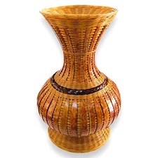 Japanese Bamboo Wicker Ikabena Vase Handcrafted Lacquer Boho Rustic Style Decor
