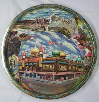Vintage Metal/Tin Souvenir State Tray South Dakota CORN Palace Badlands Rushmore