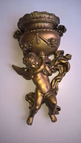 Renaissance Baroque Style Wall Art Urn Vase 14" Cherub Cupid Gold Tone Sculpture - Picture 2 of 12