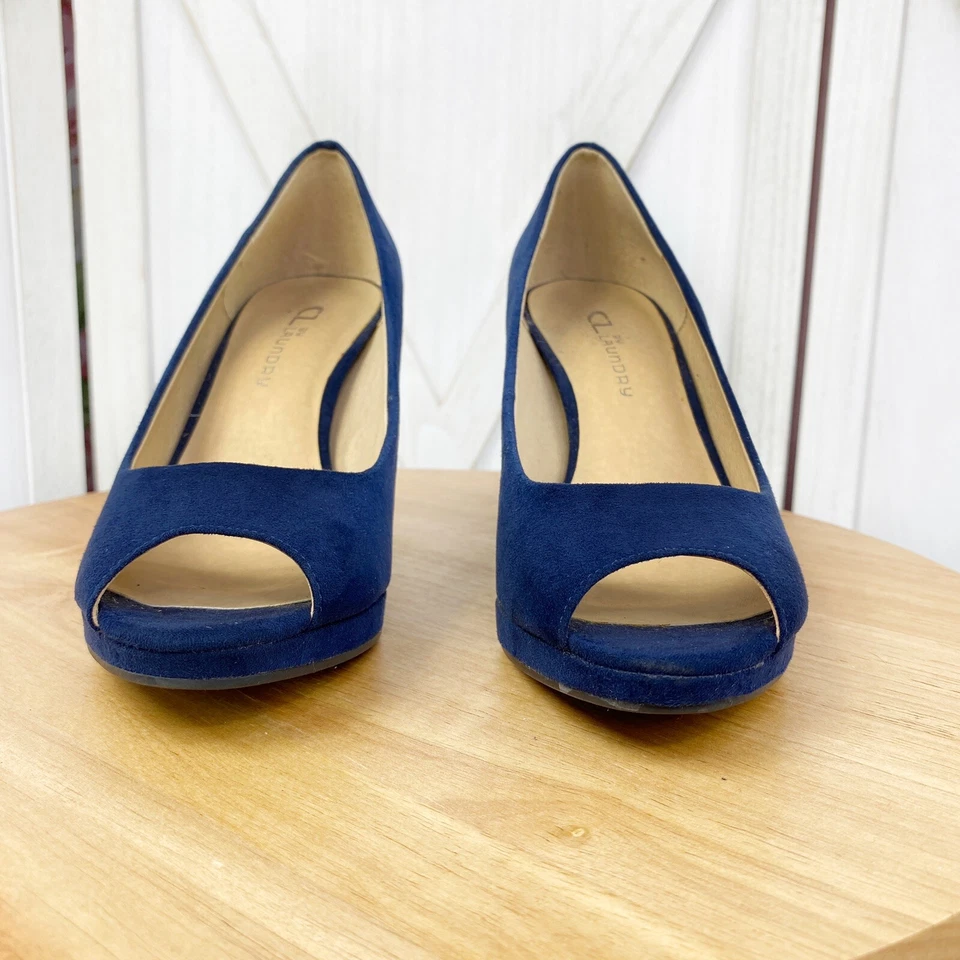 Zapatos de salón chinos de gamuza sintética para mujer 7 azules con punta abierta Foto 4 de 4