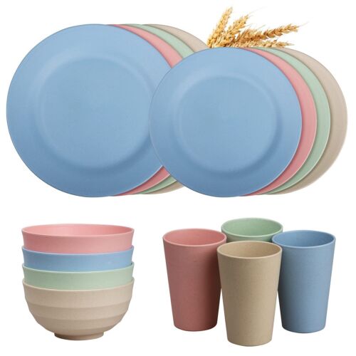 Wheat Straw Dinnerware Sets of 4 - Unbreakable Cups Camping Plates and Bowls