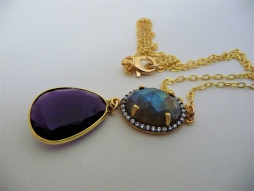 Labradorite, Amethyst & Zircon 925 Vermeil Pendant & Chain BNWOT - Picture 2 of 12
