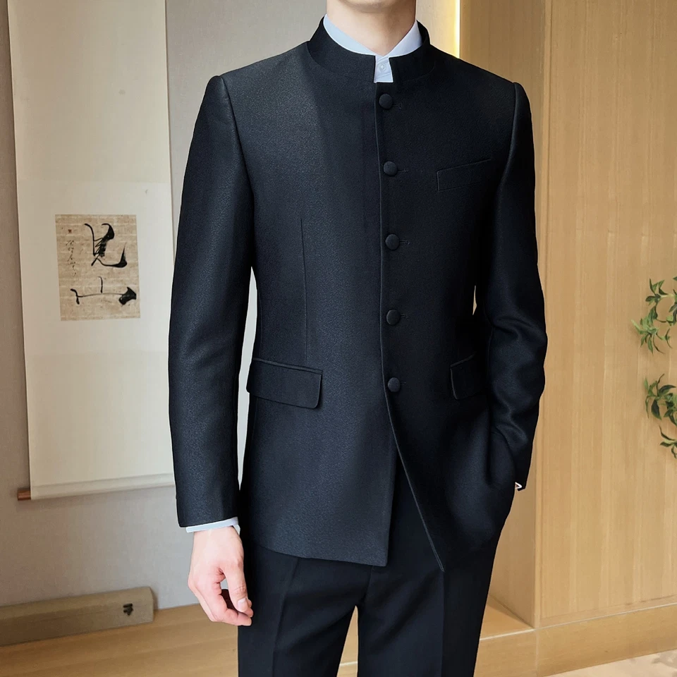 Китайский стиль хвостовик костюм мужской стойка воротник блейзер 2шт пальто брюки однобортный - Изображение 4 из 4