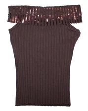 Victor Costa Sweater Top Brown Sequin Beaded Off Shoulder Sleeveless