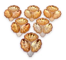 SET (6) Jeannette MARIGOLD CLOVER 6” Depression Iridescent Glass Leaf Candy Dish
