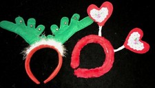 2 GIRLS HEADBANDS CHRISTMAS ANTLERS JINGLE BELLS PADDED HEARTS RED FURRY 1 size
