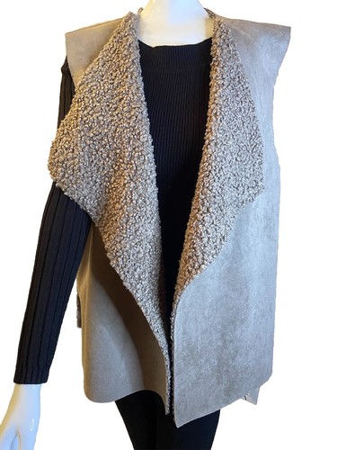 Ruby Rd. Vest Women's Medium XL Taupe Faux Fur Cardigan Suede Fall Cozy - Picture 1 of 8