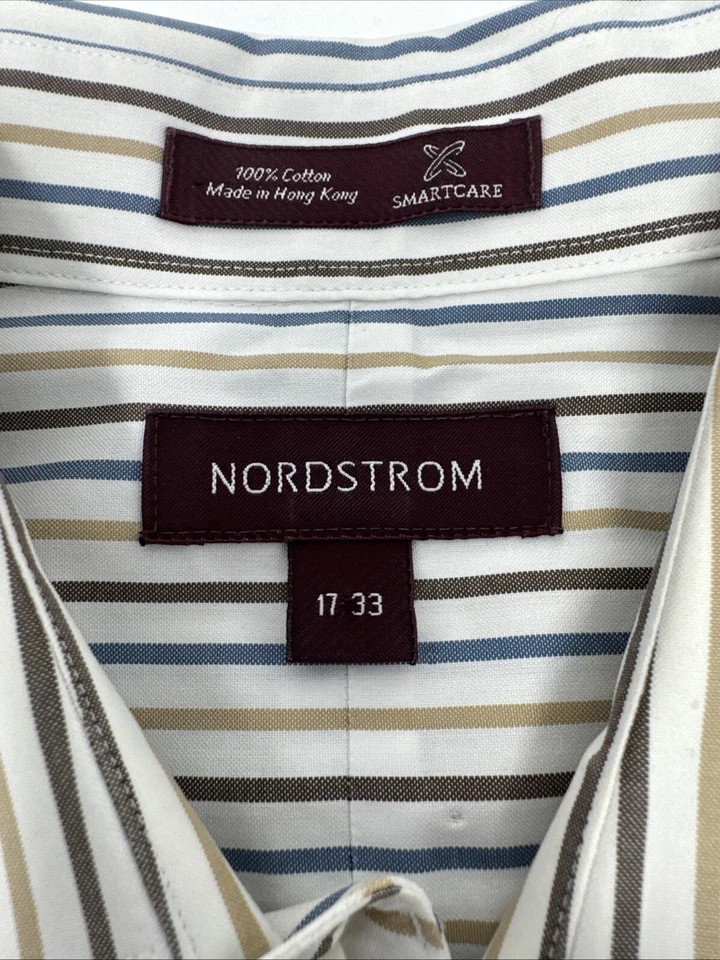 Camisa Nordstrom Para Hombre 17-33 Blanco Rayas Abotonada Algodón Foto 2 de 4
