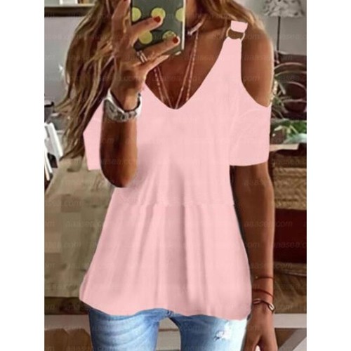 V Neck Women T-Shirt Tunic Tops Tees Pullover Short Sleeve Cold Shoulder Casual - Bild 9 von 11