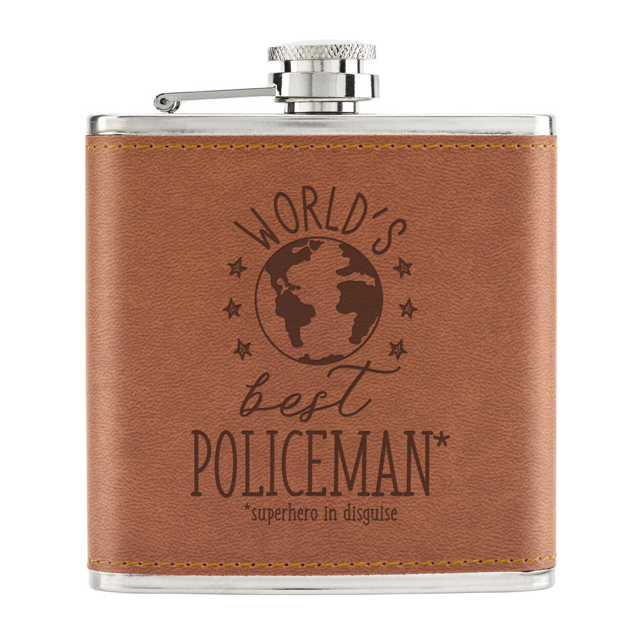 World's Best Policeman 6oz PU Leather Hip Flask Tan Funny Joke Favourite Police