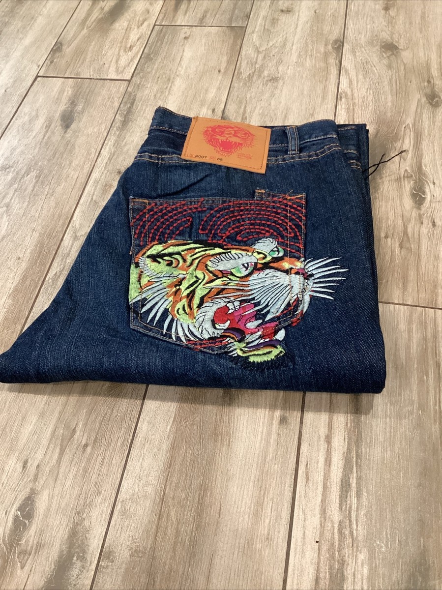 Y2K 2007 Ed Hardy Embroidered Jeans 38x34 Tiger Pockets VERY GOOD