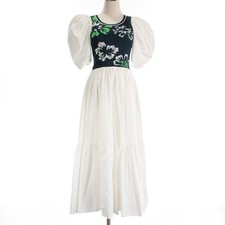 Tanya Taylor NWT Naomi Puff Sleeve Midi Dress Size Medium in White/Blue/Green