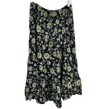 VTG Tiered Boho Cottage Midi Skirt Womens M Pull On Floral Peasant Green Black