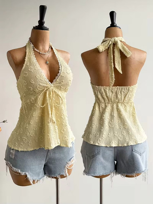 #ad #ad Yellow Halter Lace Top Y2K Boho Backless Summer Tank Women Adjustable Fit Summer $21.99