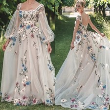 Vintage Square Neck Wedding Dress Long Sleeves Flowers A Line Bridal Gowns Train