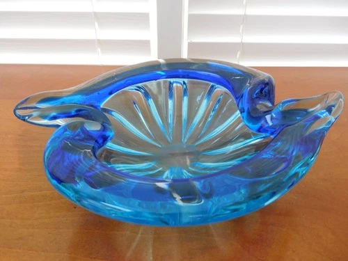 Vintage Murano Glass Icee Island Water Blue Art Glass 8-1/4" Ash Tray Very Heavy
