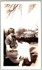 Vtg B&W Snapshot Woman Polka Dot Dress Glasses Holding Baby Outside 1940s