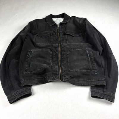 Mens Vintage Black Denim Zip Jacket Faded Workwear Utility Y2K Streetwear Coat