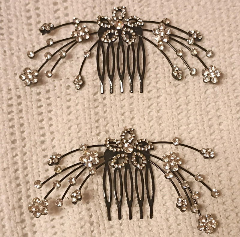 Pair Black Tone Metal Rhinestone Flower Floral Spray Hair Combs for Women