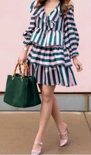 Crosby X Venita Aspen Dress Womens Pink and Green Ruffle Tiered Stripe SzSmall