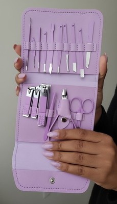 16 Purple Portable Manicure & Pedicure Tool Kit Travel At Home Nail Care