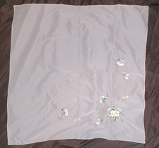 Vintage Sheer White Scarf with Floral Embroidery  Delicate Pink  Green Flower