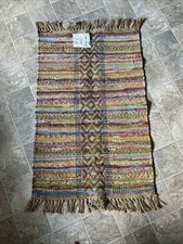 INDIA Rainbow Stripe CHINDI RAG RUG Jute Fringe Boho WORLD MARKET 2? x 3?